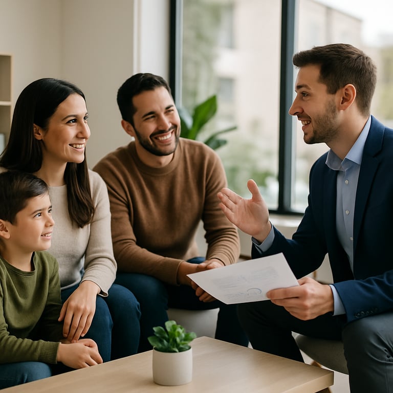 Fotografa realista de alta calidad mostrando a una familia chilena compuesta por dos adultos y un nio sentados cmodamente en una oficina moderna y lum-1