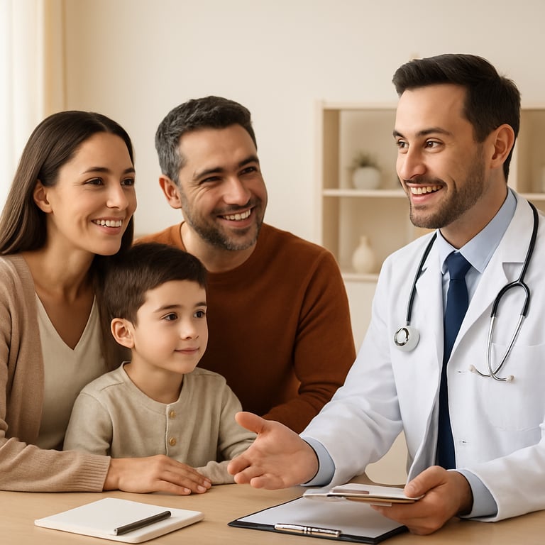 Imagen publicitaria de alta calidad mostrando a una familia chilena dos adultos y un nio recibiendo asesora de un asesor de salud profesional El aseso-1