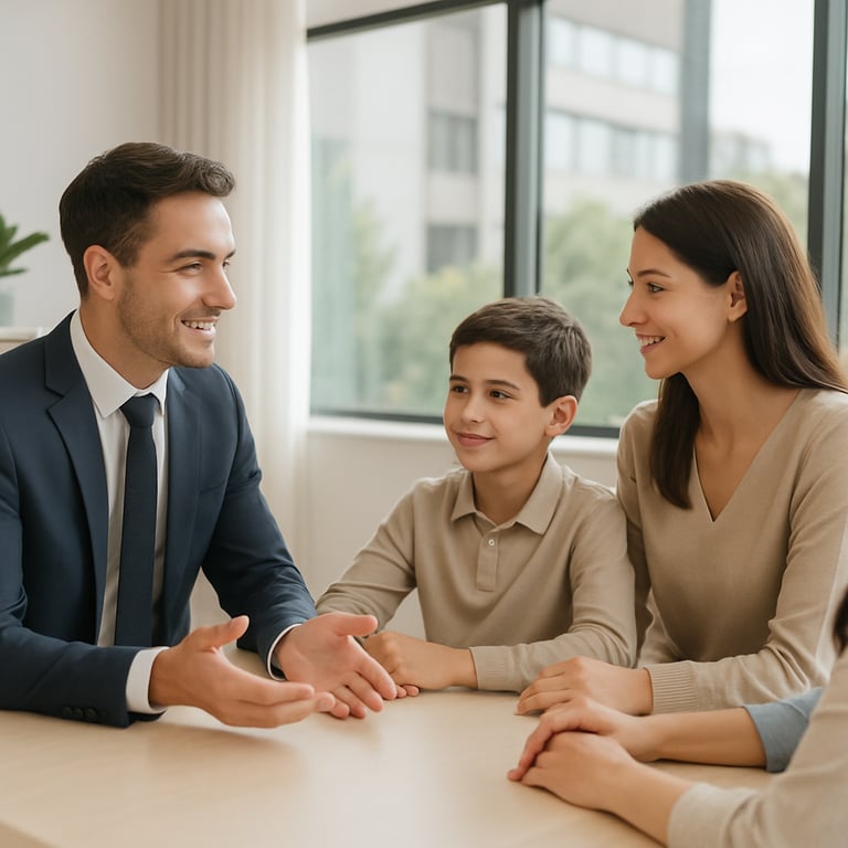Persona joven profesional actuando como agente de ventas de salud vestimenta formal ejecutiva actitud cercana y confiable asesorando a una familia de-1